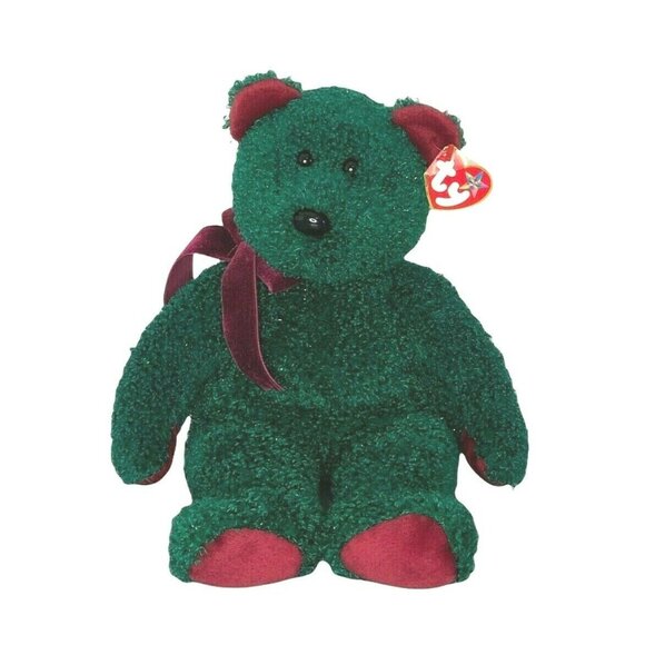 TY Beanie Buddies 2001 Holiday Teddy Bear Green w Shimmer & Maroon Tag Retired - Picture 1 of 9